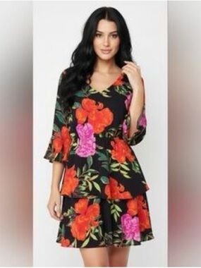 Floral Dress - Black with Orange and Pink floral
